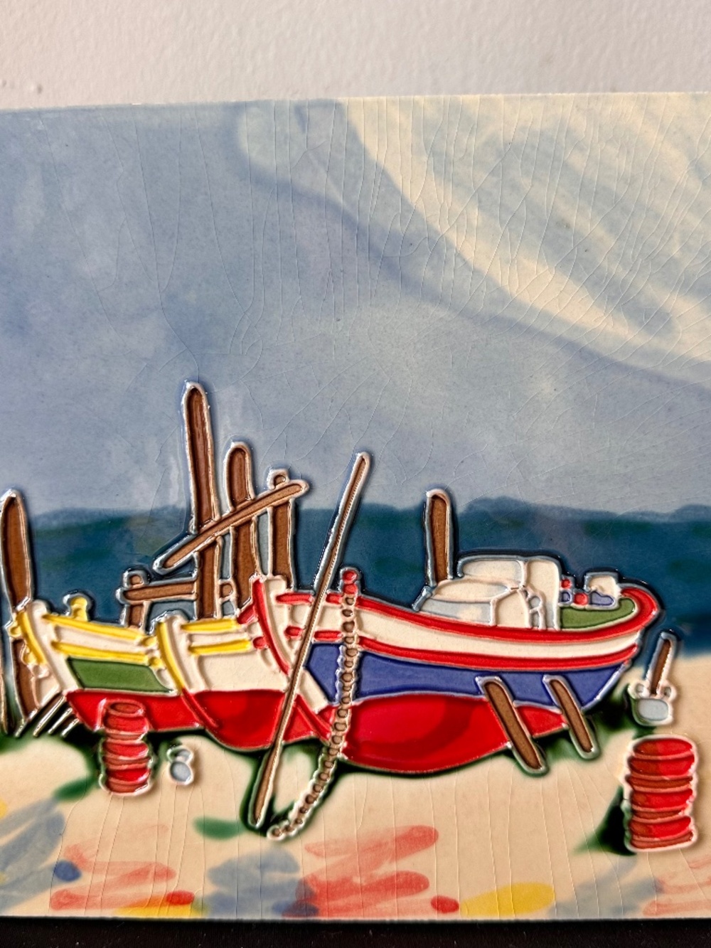 Vintage Coastal Ceramic Art Tile Fishing Boats Nautical Wall Decor 8x8"